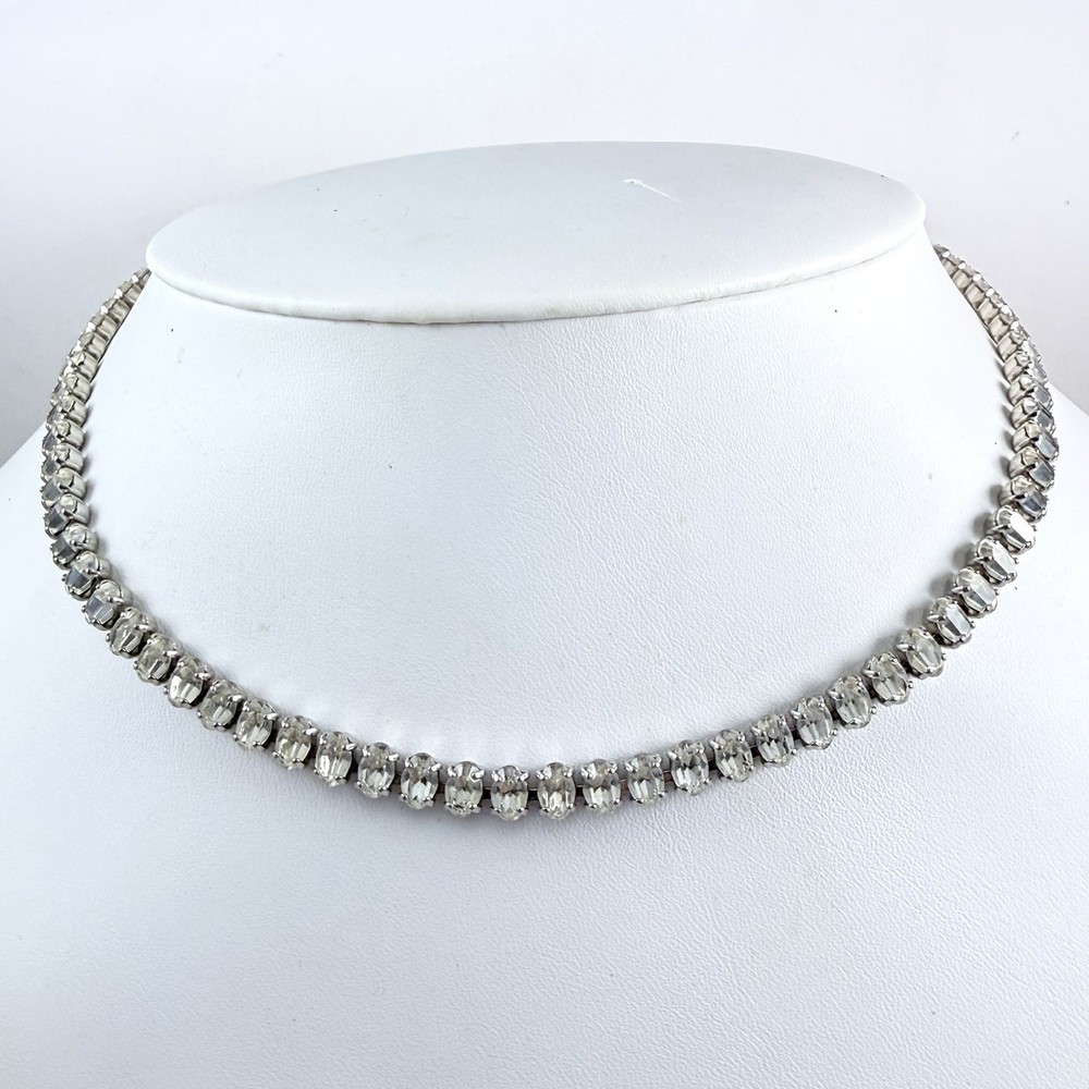 Vintage TRIFARI Signed Oval Rhinestone Silver Tone Tennis Necklace 16.5