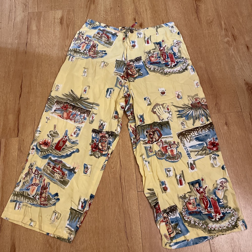 VTG KAHALA Hawaiian Crop Capri Palazzo Cocktail Print Tiki Pants Sz 8 Wide Leg