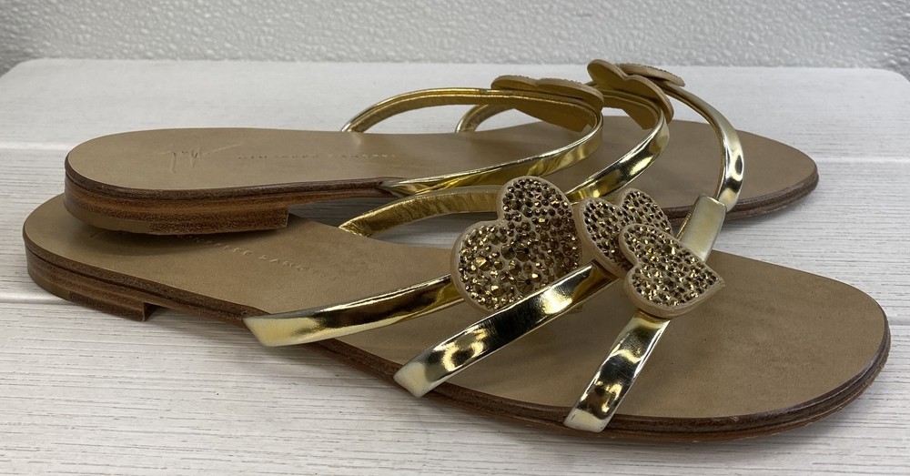 Giuseppe Zanotti Crystal Heart Sandals Women's US8 EU38 Gold Leather *PREOWNED*