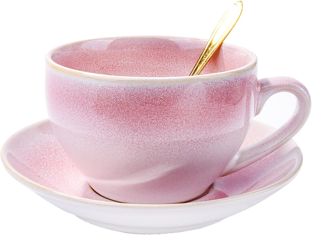 1 Set of Premium Glazed Coffee Cups Saucers and Spoons, Porcelain Teacups and Sa