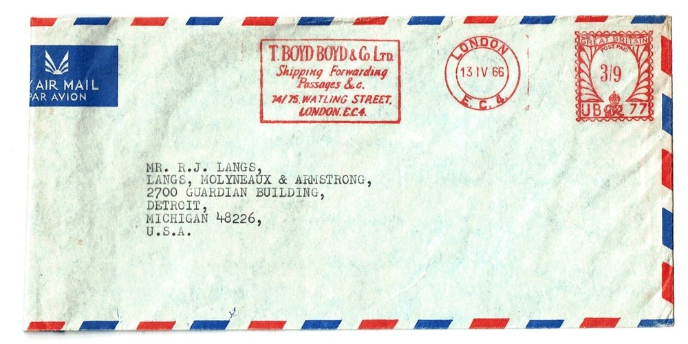 1966 GREAT BRITAIN STAMPED ENVELOP London to Detroit  WORLDWIDE PC/LETTER SERIES