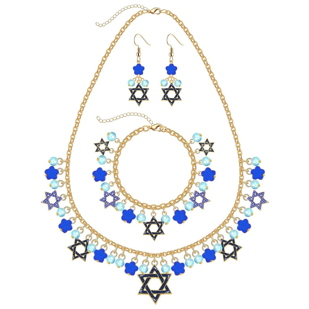 Hanukkah Earrings Necklace Bracelet Star of David Earrings Blue Beads Star of...