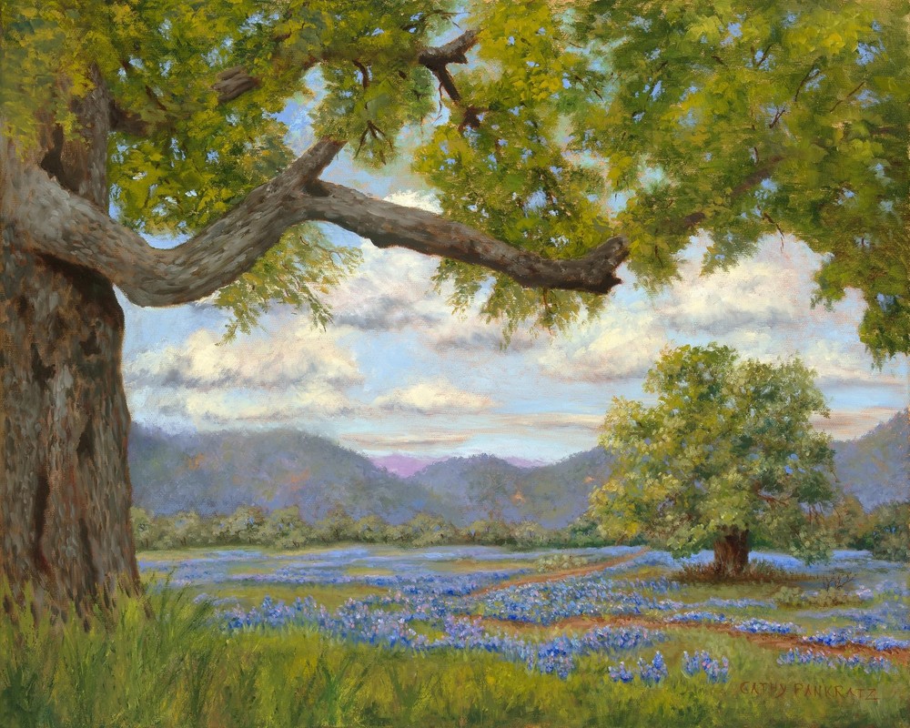 Giclee print of 9x12 oak tree and Texas bluebonnets oil painting