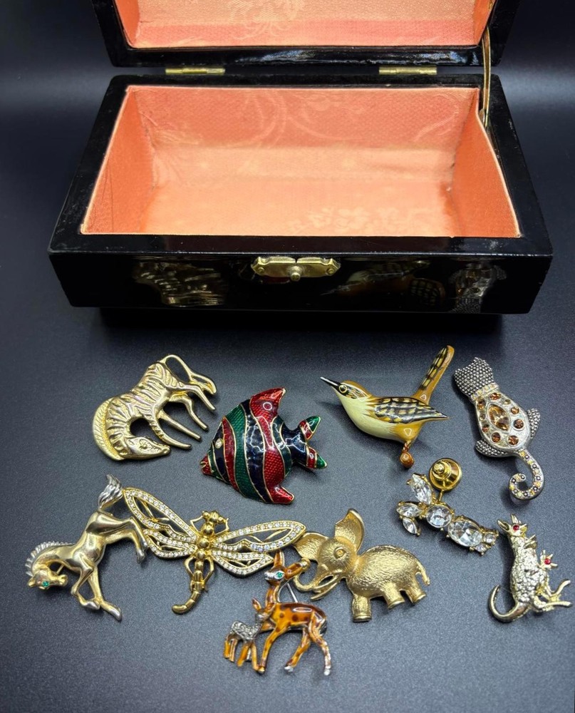 Lot of vintage Pins/brooches in vintage jewelry box
