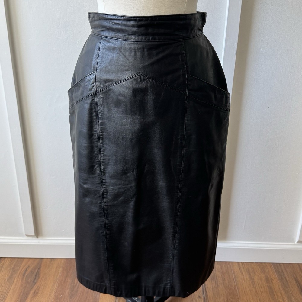 Vintage Toff Black Leather High Waist Pencil Skirt Size 8 Genuine Leather