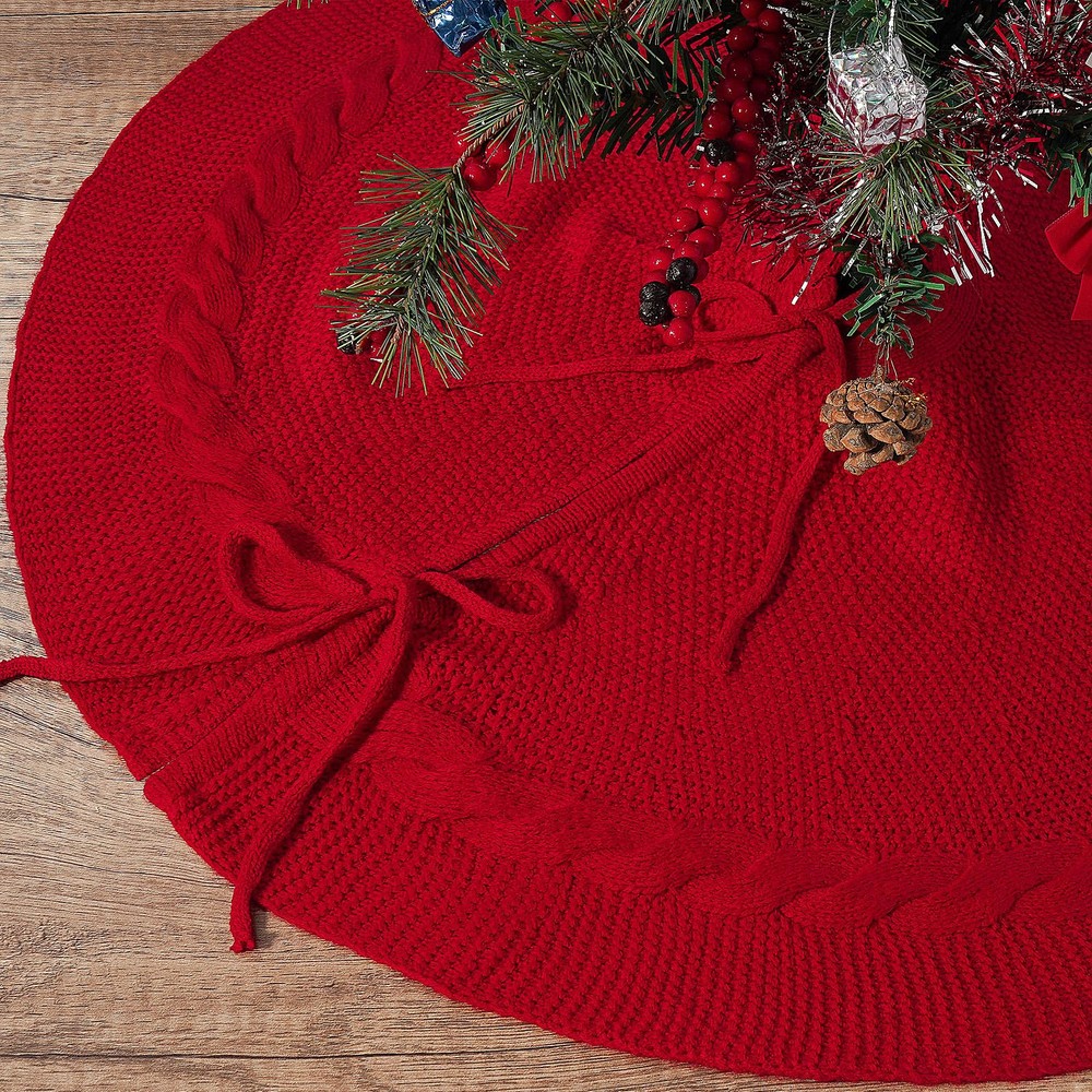 Red Cable Knit Christmas Tree Skirt 36 Inch Knitted Holiday Mat Rustic Decor