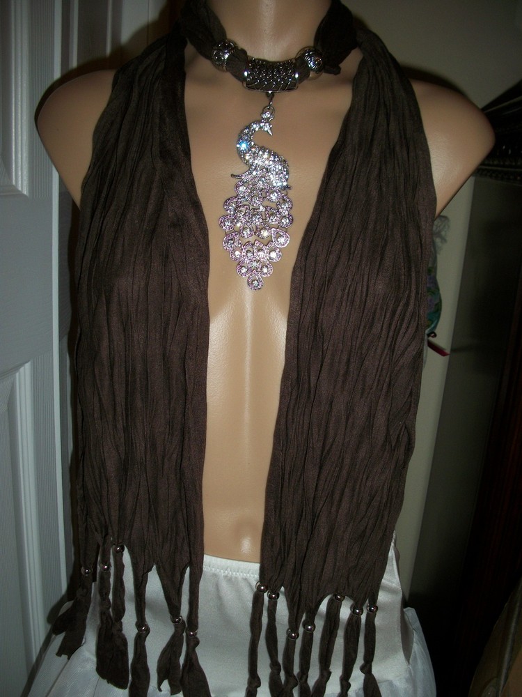 Elegant Silver Scarf Pendant Necklace with Peacock Crystal Rhinestones in Brown
