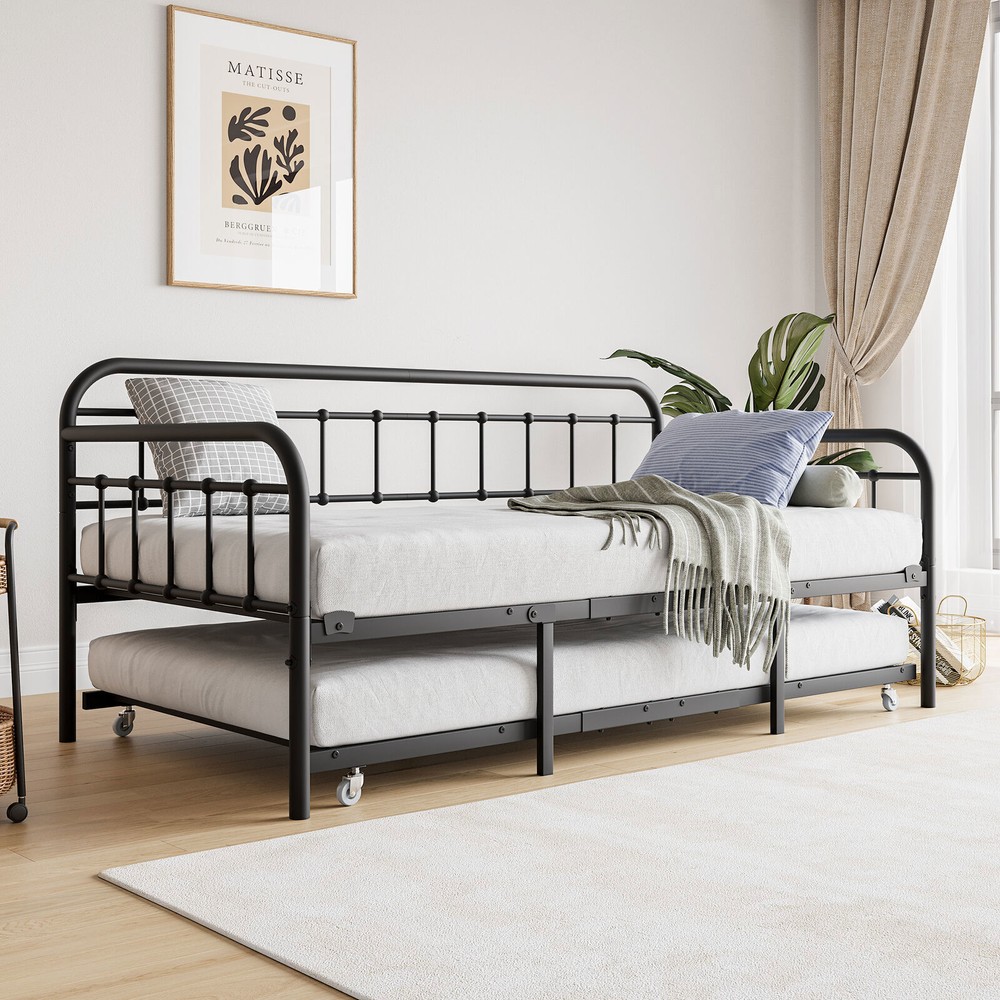 Heavy Duty Black Metal Twin Daybed Frame with Steel Slat Support and Sofa Bed Functionality