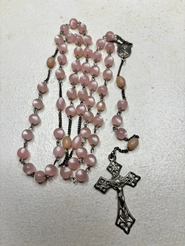 Vintage Pink Moon Glow Rosary with 1/4 Round & Oval Beads 21 Inch Religious