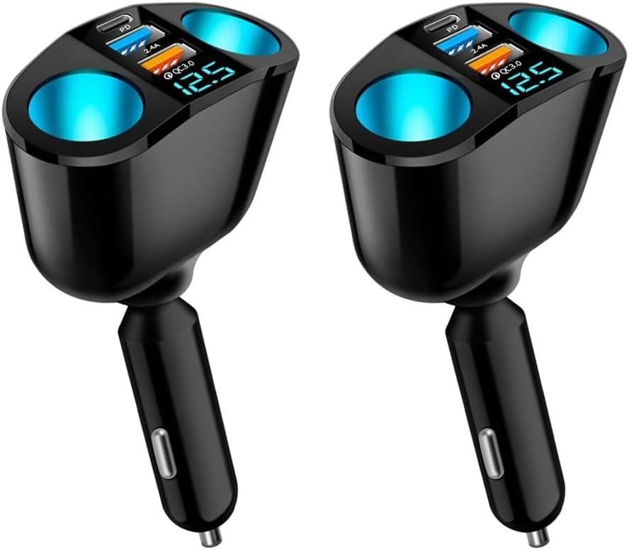 5-Port Car Charger Splitter with QC3.0 & PD 20W Fast Charging 2.4A Dual USB 2-Pack