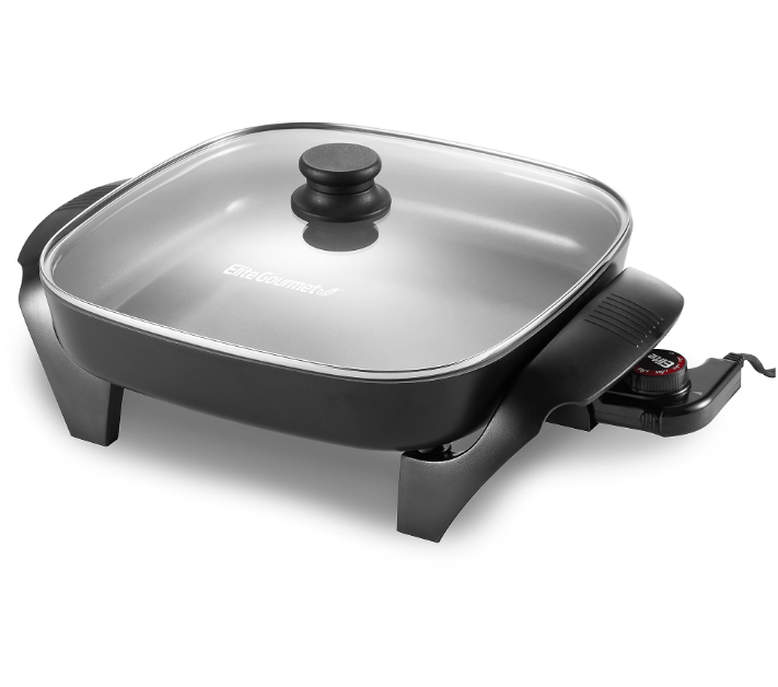 Elite Gourmet 12x12 Inch Electric Skillet with Glass Lid Nonstick Frying Pan Coo
