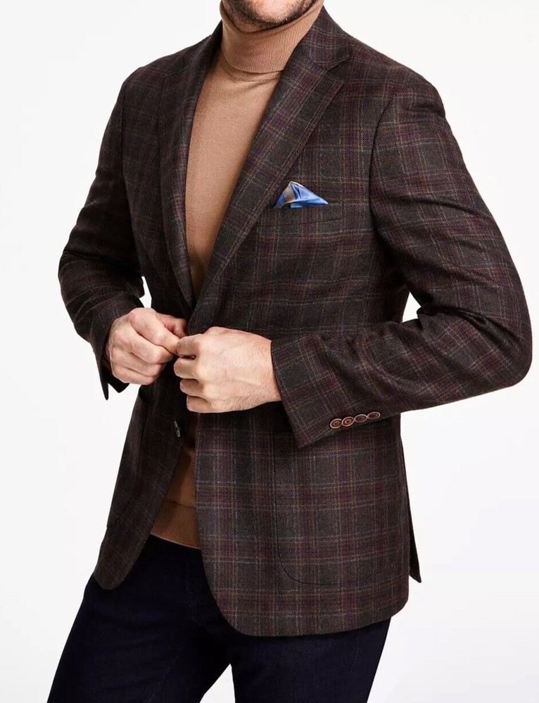 $295 New Tallia Slim Fit  Slim Fit Wool Blend Brown Plaid Sport Coat Blazer 44 R