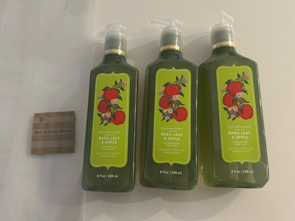 3 New BATH & BODY WORKS, BASIL LEAF & APPLE Cleansing Gel HAND SOAP, 8 oz size