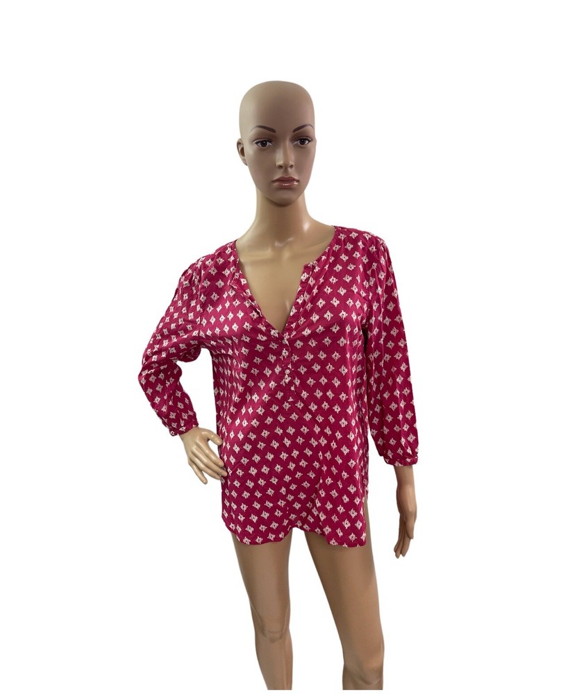Gap Women’s Size Medium 3/4 Sleeve V Neck Pink White Blouse