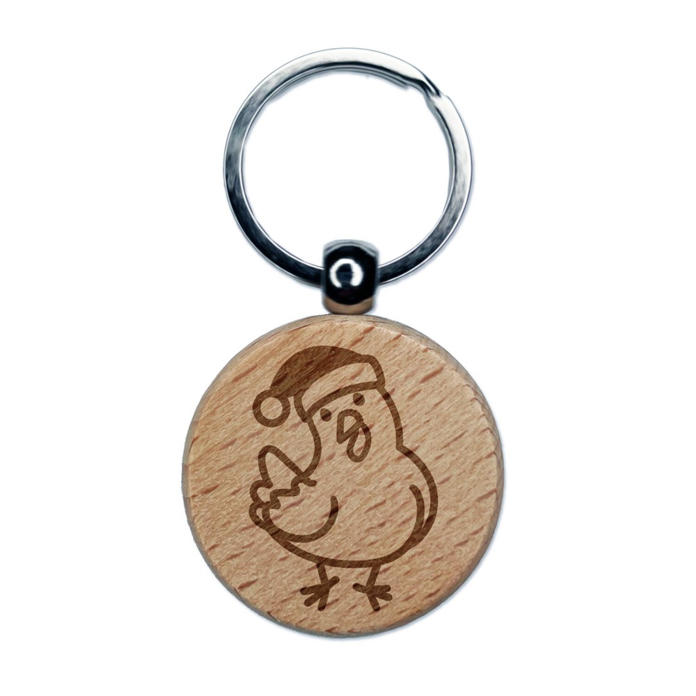 Santa Christmas Chicken Engraved Wood Round Keychain Tag Charm