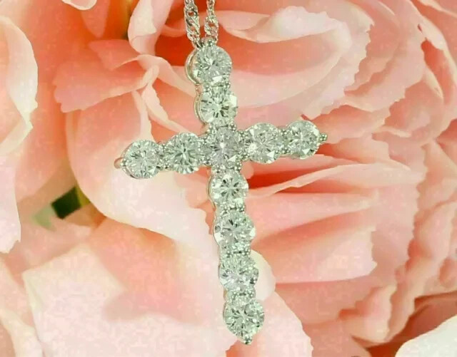 3Ct Round Cut Diamond Cross Necklace Pendant No Chain 14K White Gold Finish
