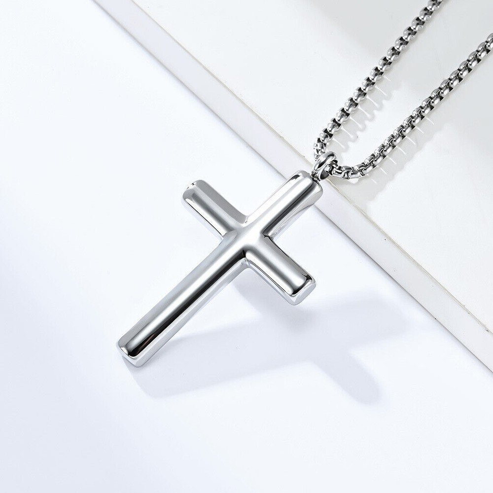 Men Women Silver Cross Necklace Stainless Steel Simple Plain Jesus Pendant Chain