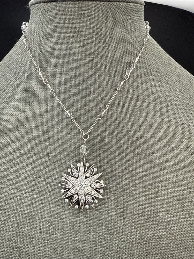 White Rhinestone Choker with Double Star Pendant & Clear Beaded Chain 15.5