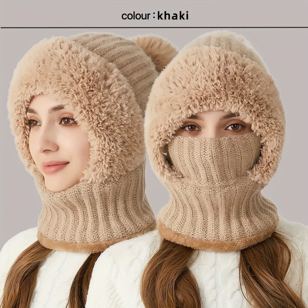 Winter Knit Hat with Fleece Lining and Ear Flaps - 3-in-1 Beanie Scarf Mask Set