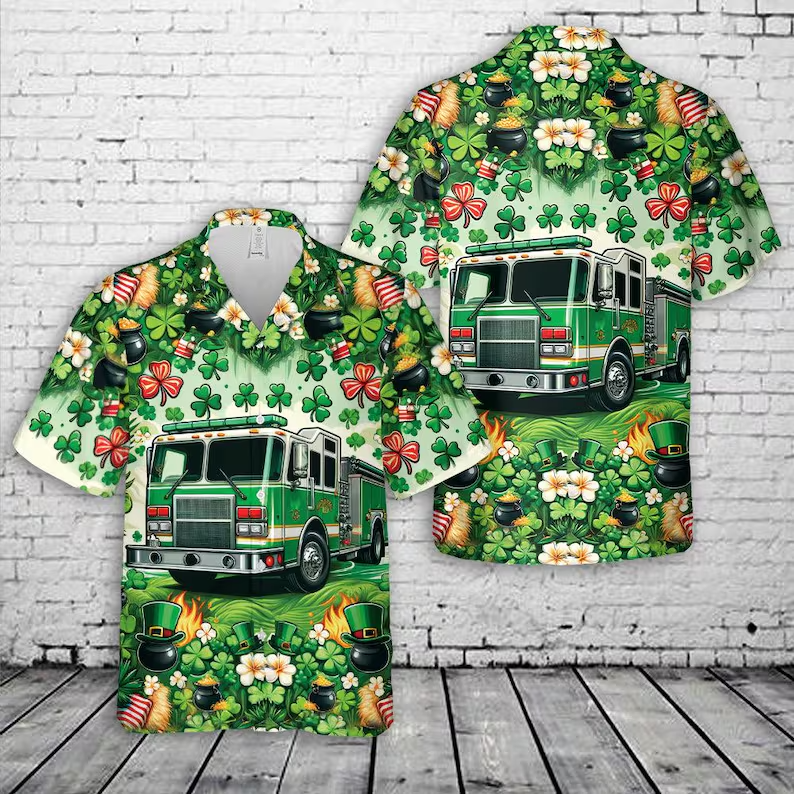 St Patrick's Day Fire Truck Hawaiian Shirt Lucky Firefighter Aloha Gift