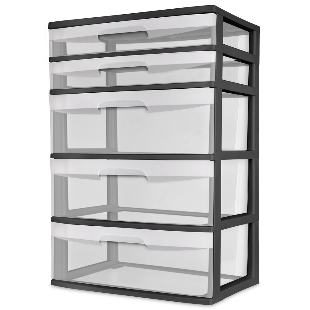 Black Plastic 5-Drawer Wide Storage Tower