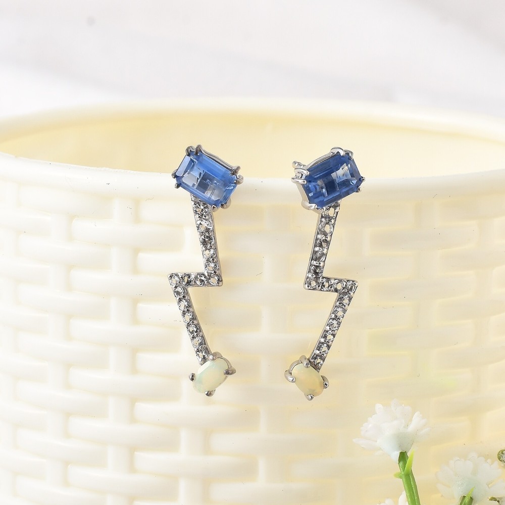 Natural Opal and Blue Kyanite Rhodium-Plated 925 Silver Earrings Jewelry Gift