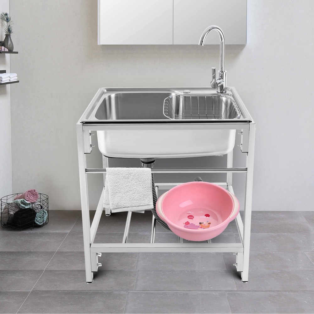 Stainless Steel Single Basin Kitchen Sink Home Laundry Sink with Faucet & Stand