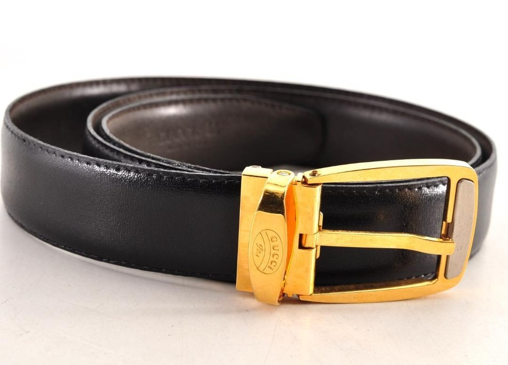 GUCCI Black Leather Belt with Gold Hardware Authentic Made in Italy Mens