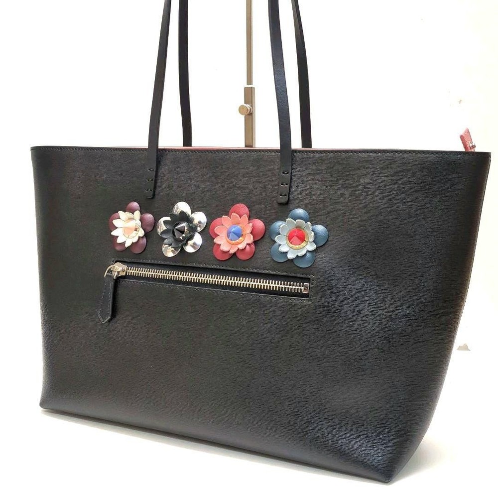 Tote Bag Flowerland Black Pink Saffiano Leather Used