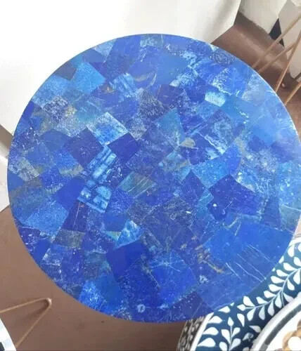 Handmade Lapis Lazuli Stone Mosaic Round End Table with Inlay Decor