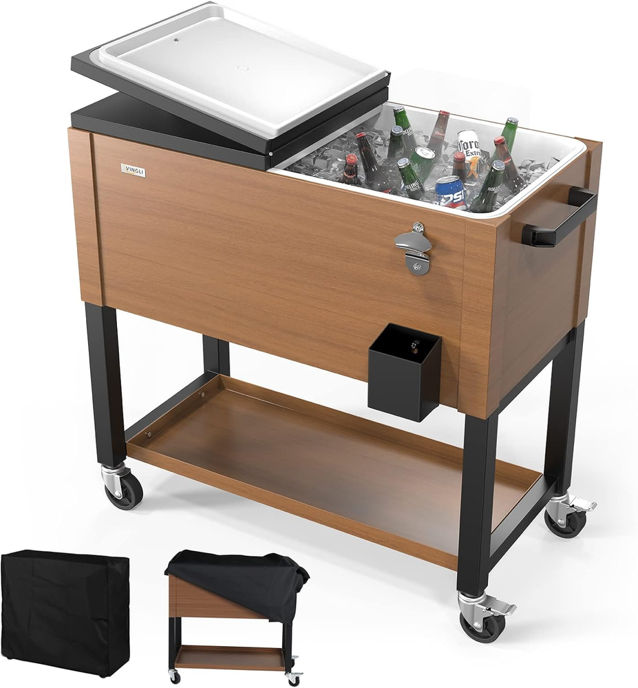 VINGLI 80 Quart Rolling Ice Chest on Wheels, Patio Cooler Cart, Beverage Rolling