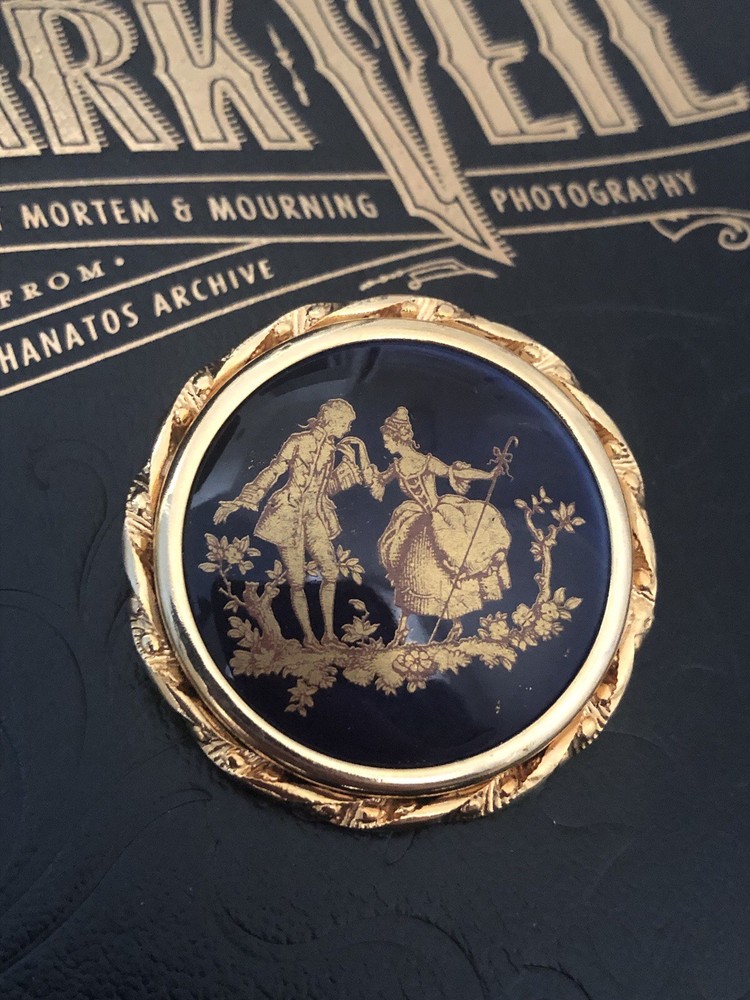 Vintage Limoges Porcelain Brooch Gold Tone Cobalt Blue Courting Scene France