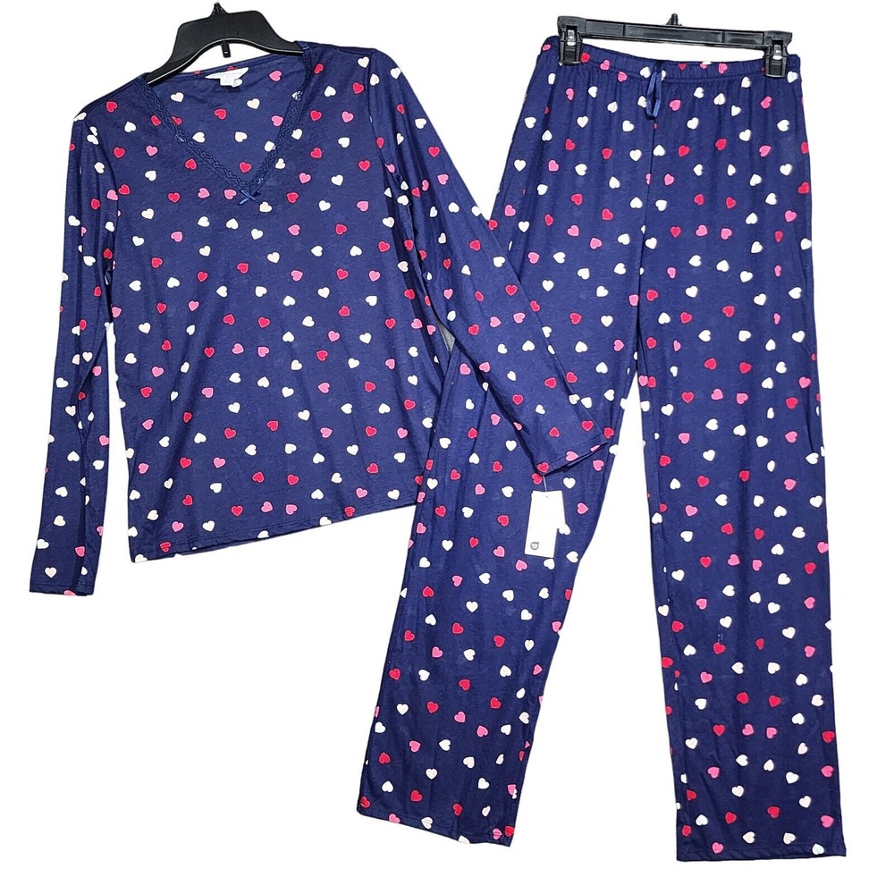 Charter Club Cotton Long Sleeve Lace Trim Pajamas Set XS Navy Blue Multi Hearts