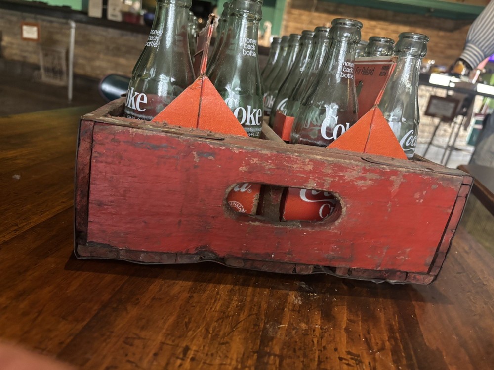 VNTG Coca-Cola Wooden Soda Crate and 4-6 packs of bottles in carriers