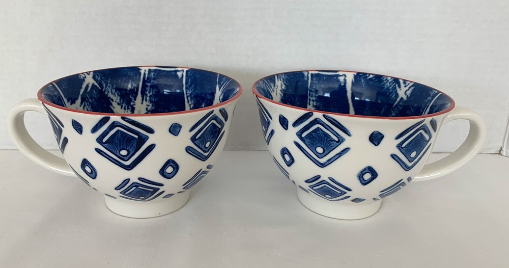 GRACE'S TEAWARE LARGE COFFEE CUP TEACUP 14 OZ BLUE ABSTRACT SET OF 2