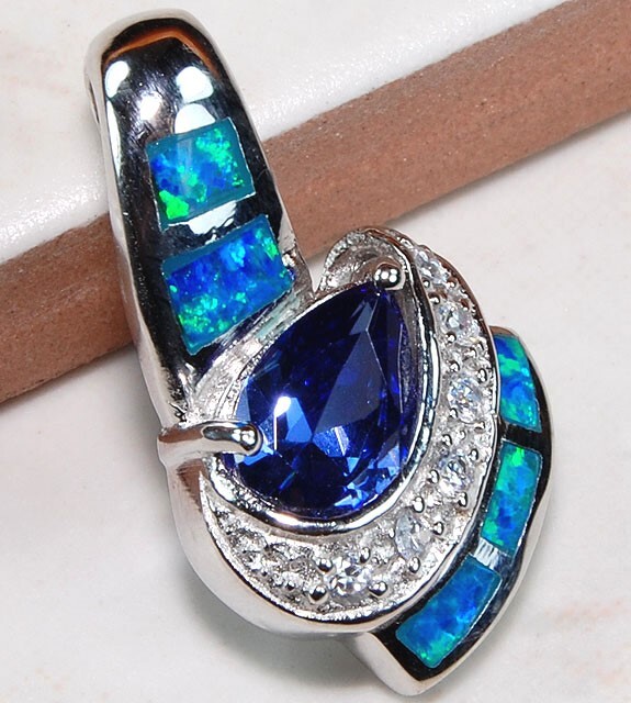 Treated Sapphire & Australian Opal Inlay 925 Sterling Silver Pendant OP1