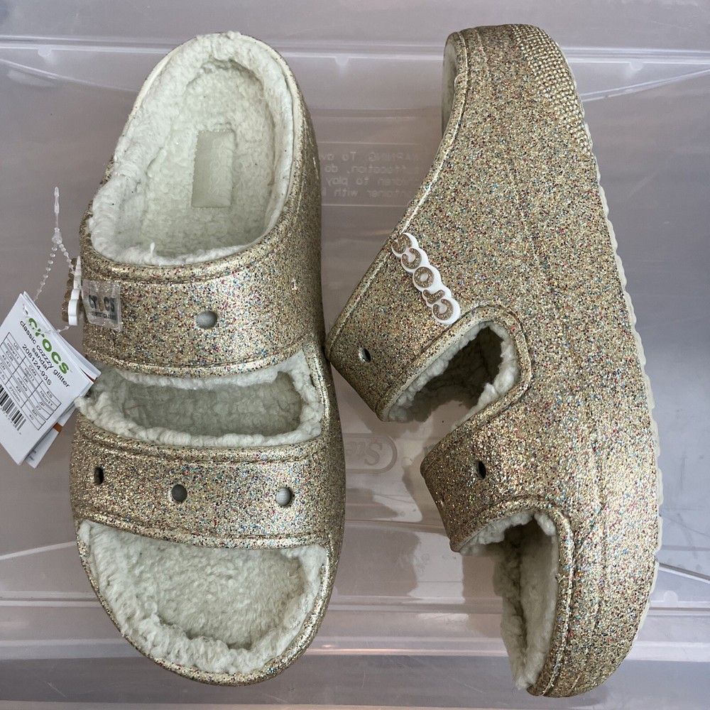 CROCS Womens CLASSIC COZZZY GLITTER II SANDAL 208979 STUCCO GOLD US Sz W 11 M 9