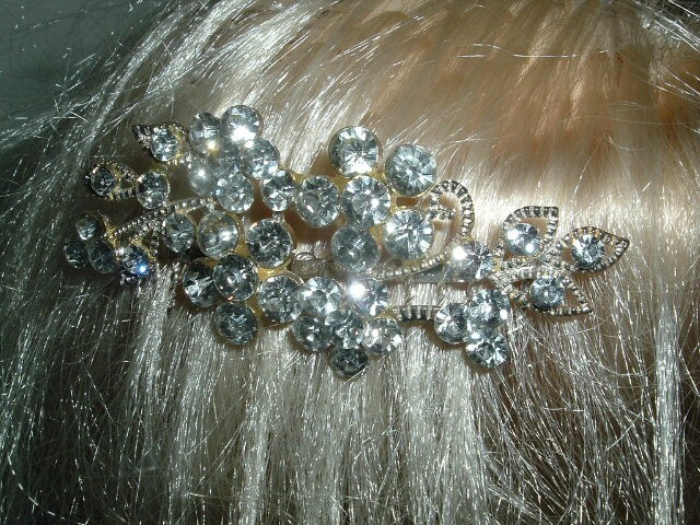 WHITE RHINESTONE BEADED SILVER SLIDE SIDE HAIR COMB