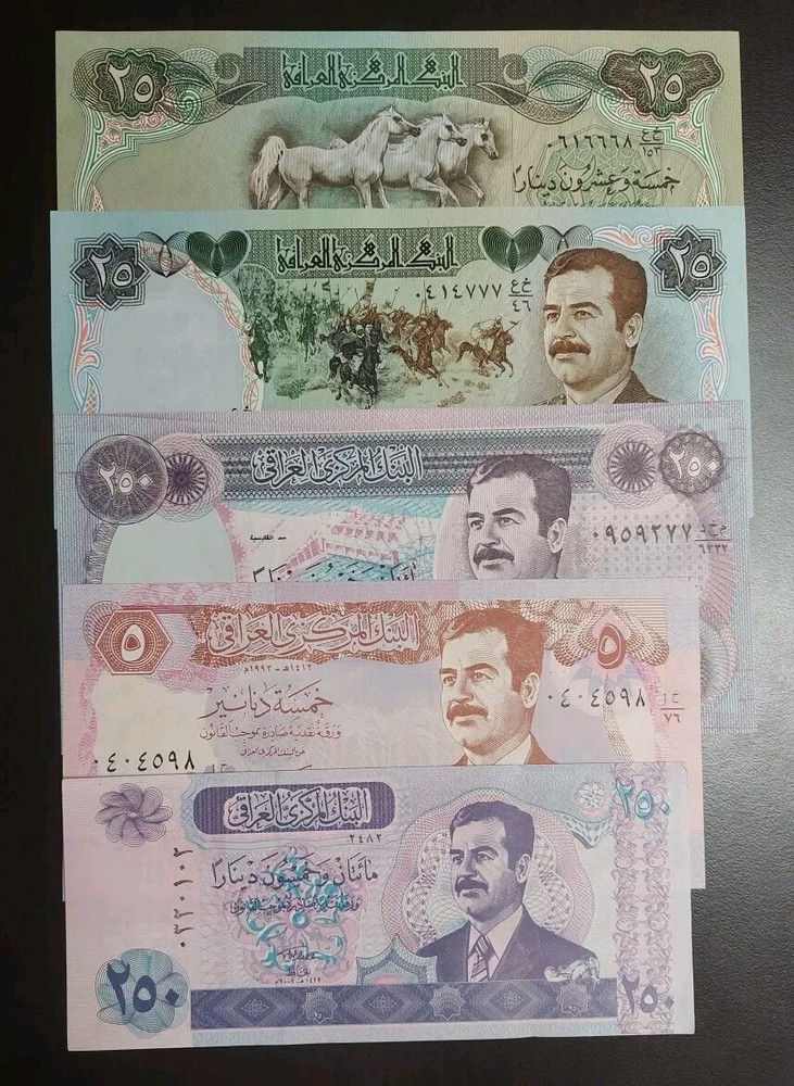 IRAQ Saddam Era 5 Pcs IRAQI 5 25 250 DINARS UNC BANKNOTES 1982 1986 1995 2002