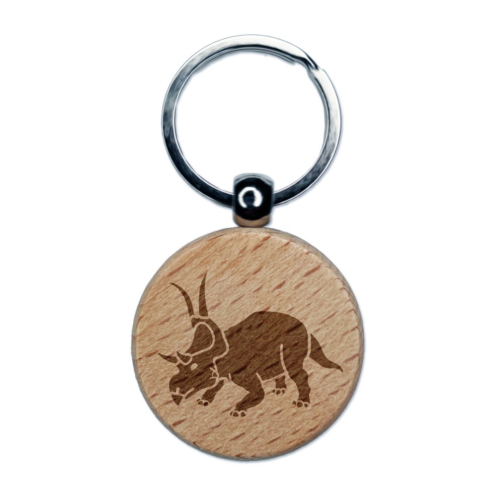 Diabloceratops Dinosaur Engraved Wood Round Keychain Tag Charm