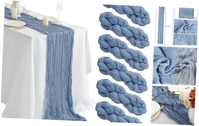 6 Pack 35x120 Inch 10Ft Cheesecloth Long Table Runner 10ft-6pcs Dusty Blue
