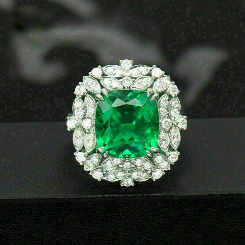 2.00Ct Cushion Cut Simulated Green Emerald Engagement Ring 14k White Gold Finish