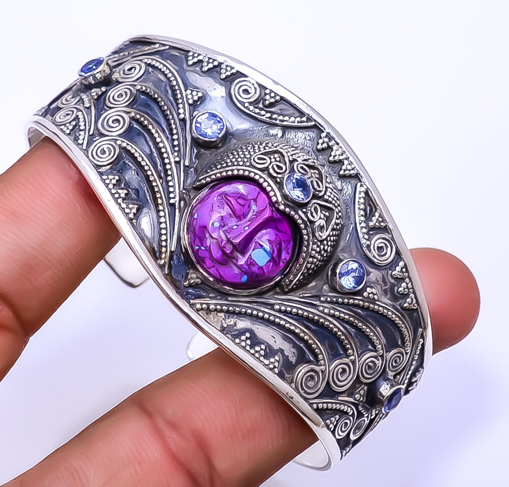 Copper Purple Turquoise & Tanzanite 925 Sterling Silver Bali Cuff 6.99