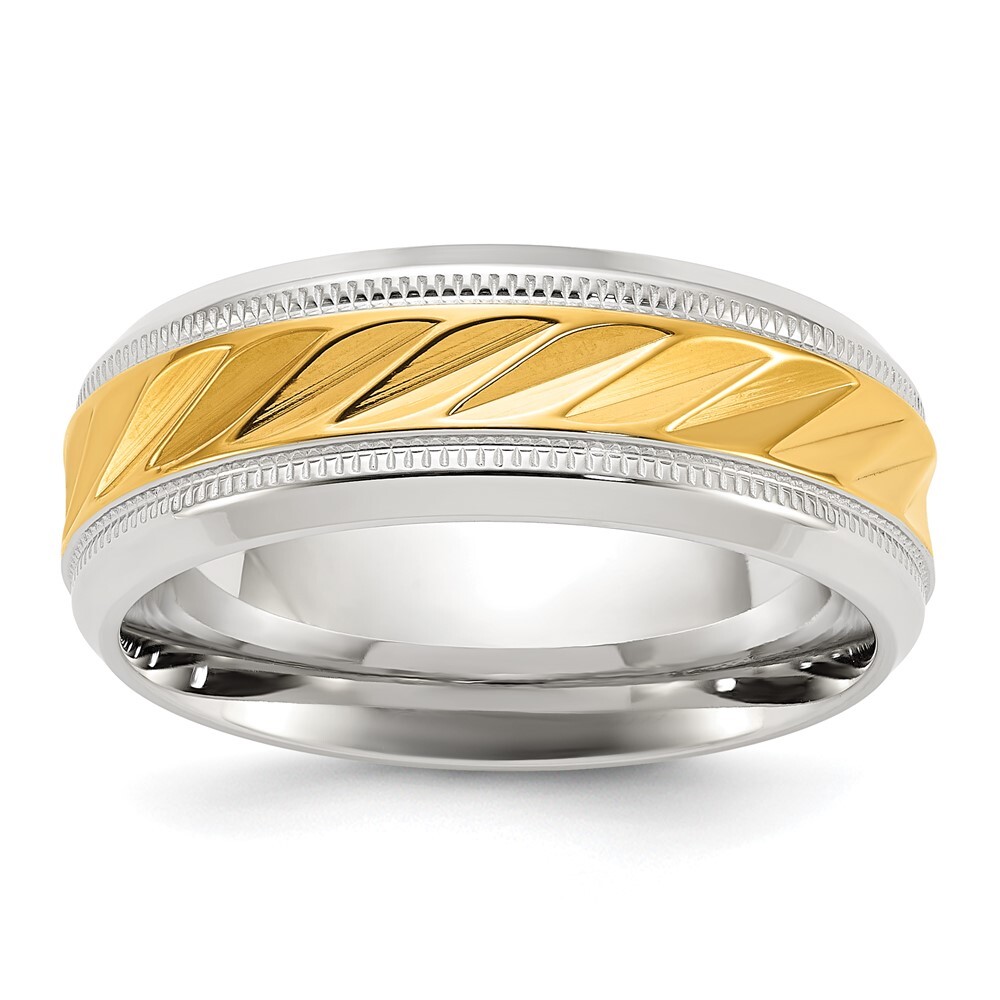 Titanium Polished with Yellow IP-plated Grooved Center 8mm Band Ring Size 12