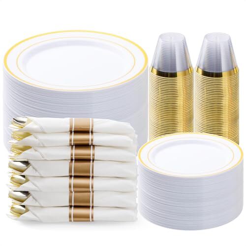 350PCS Gold Plastic Dinnerware Set, Disposable Party Plates for 50 Guests, In...
