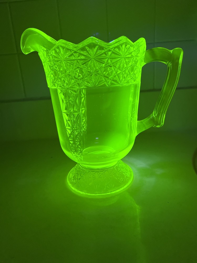 Antique Queen or Button & Bow Pattern Yellow Vaseline Uranium Glass Vase Pitcher