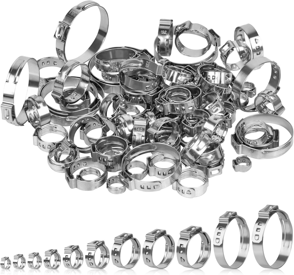 82 Pcs 304 Stainless Steel Single Ear Hose Clamps Set - 11 Sizes 5.8-38.1mm for Secure Crimping