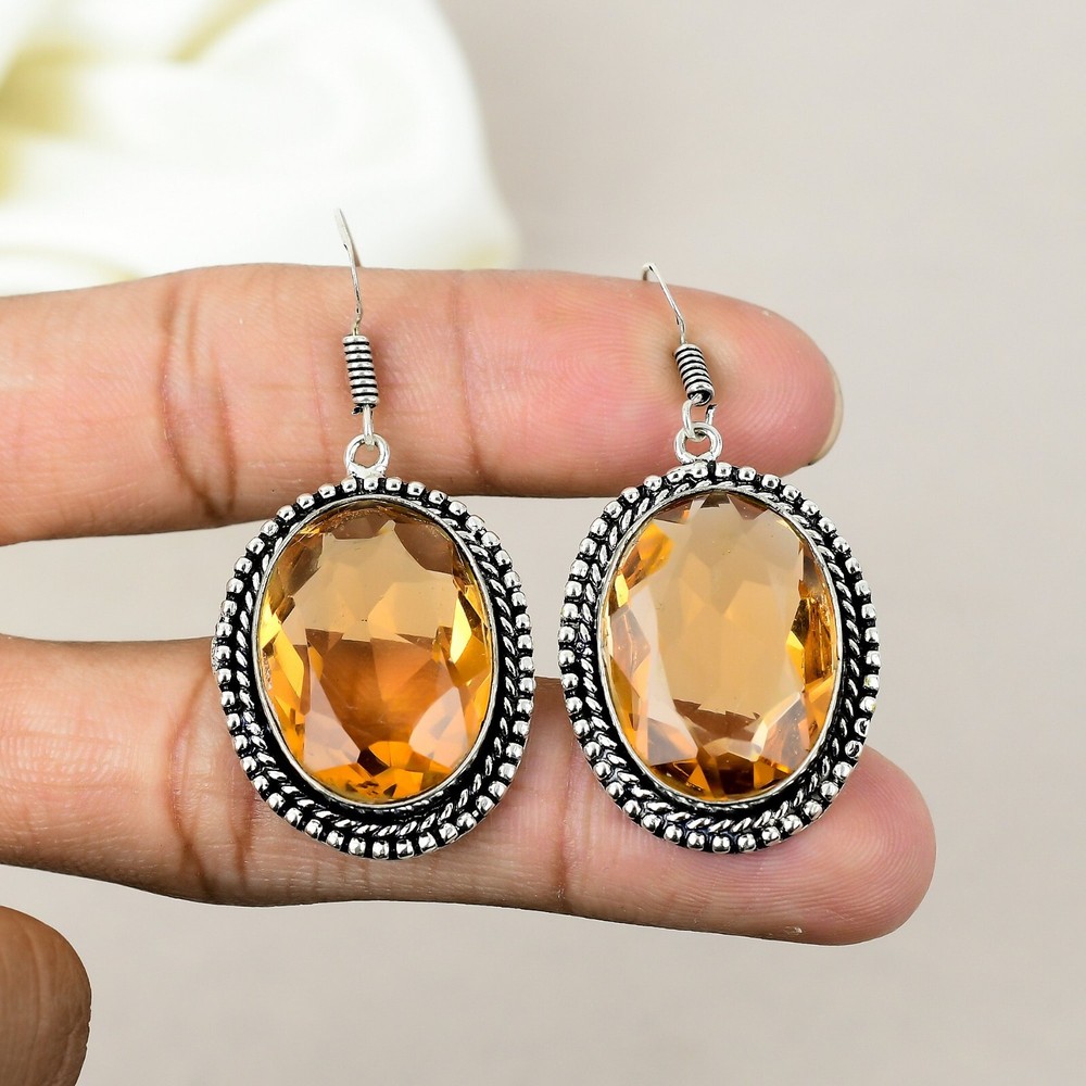 Natural Citrine Gemstone 925 Sterling Silver Handmade Earrings Wife Gift