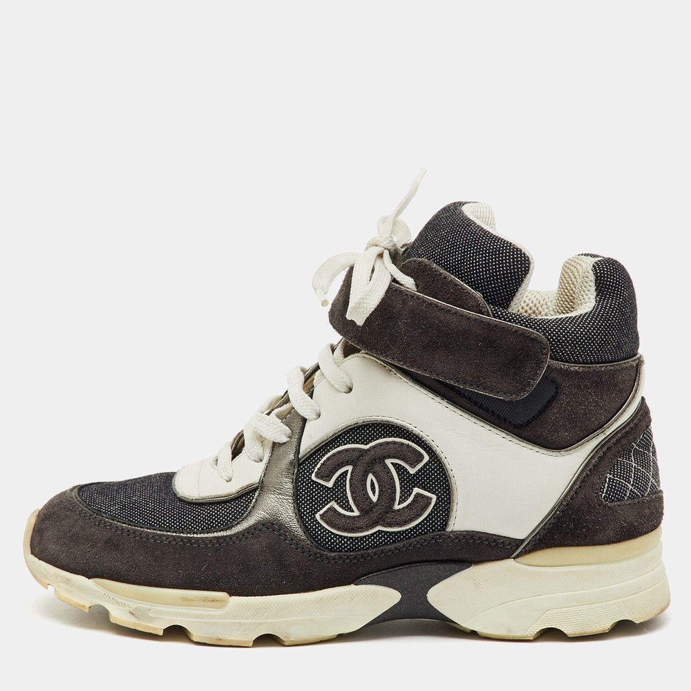 Chanel Dark GreyWhite Canvas Suede and Leather CC Logo Lace Up Sneakers Size 35