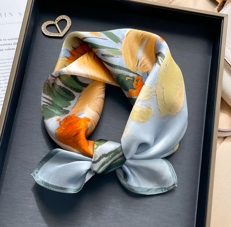 100% Mulberry Silk Scarf 53x53cm Floral Square Bandana Wrap Oil Painting Design  